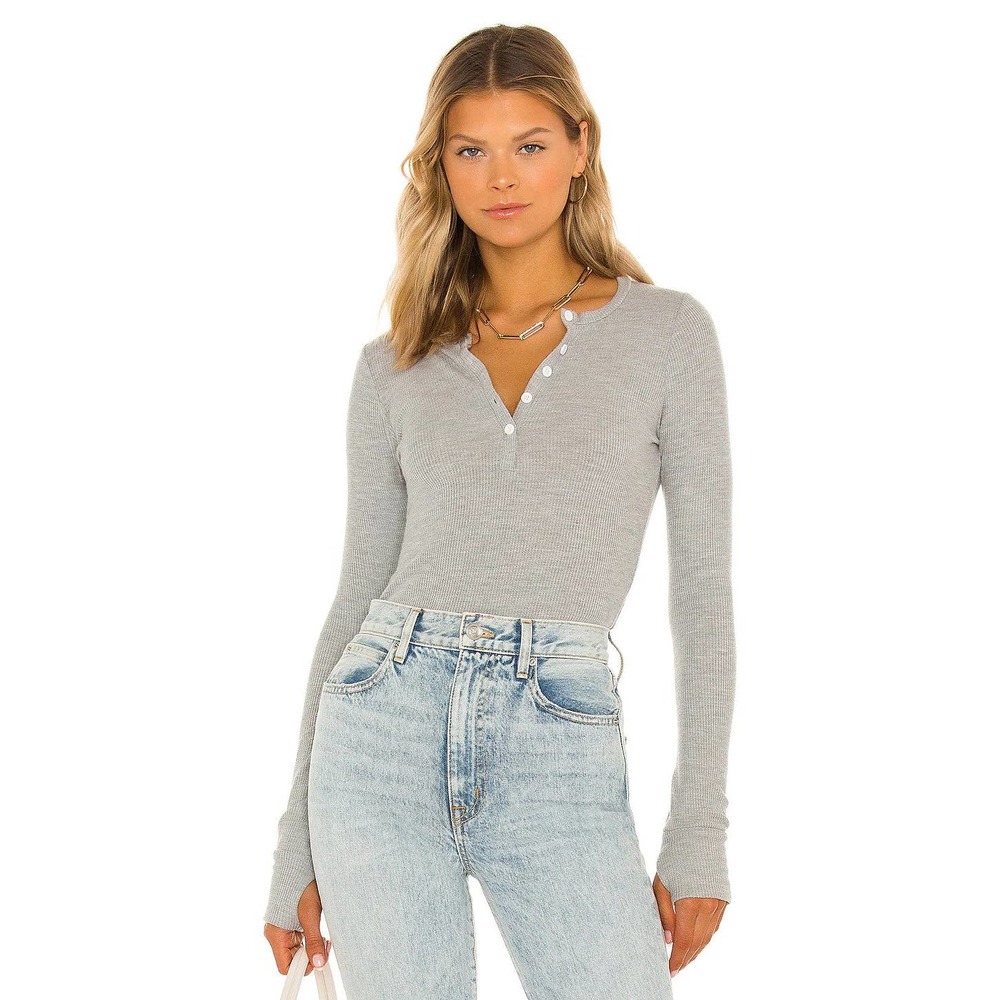 Michael Lauren Women's Long Sleeve Vance Henley Top Waffle Knit Gray Size XS
